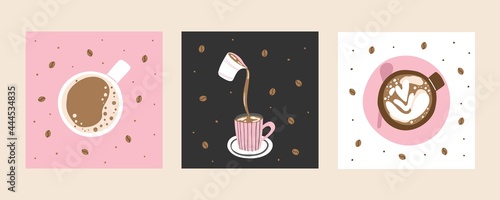 Coffee poster set. Hand drawn traditional morning breakfast drink, cup with latte or cappuccino top view, beans around, pink background, trendy delicious beverage, vector cartoon isolated illustration
