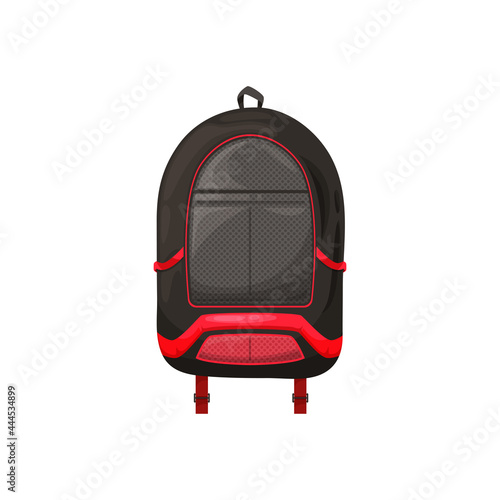 Kids schoolbag isolated vector icon, cartoon rucksack of black color with red decorative elements. Student or hiking backpack, touristic knapsack or school bag on white background