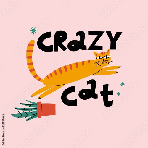 Cartoon cat. Hand drawn funny pet and lettering, yellow playful crazy kitten, domestic animals, sticker collection. Card, t-shirt or poster design, vector isolated illustration