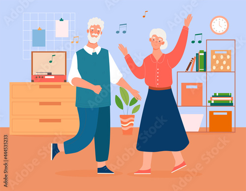 Elderly couple is dancing to the music at home. Concept of elderly grey people active lifestyle. Old man and woman in Loving or spending time together. Flat cartoon vector illustration