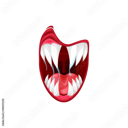 Monster mouth vector icon, cartoon creepy yelling alien jaws with saliva dripping from long sharp teeth and red tongue, devil mouth isolated on white background