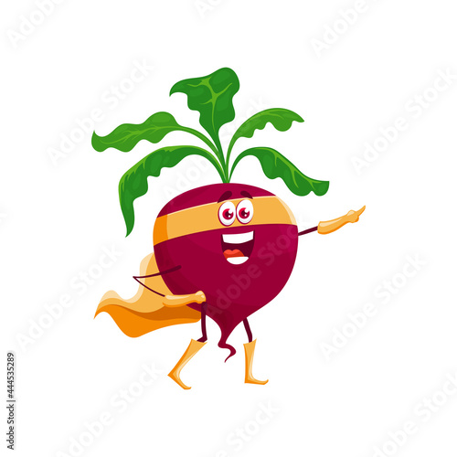 Cartoon beetroot super hero character isolated vector icon. Funny fairytale vegetable in cape and mask, healthy food, vitamin superhero personage in cloak