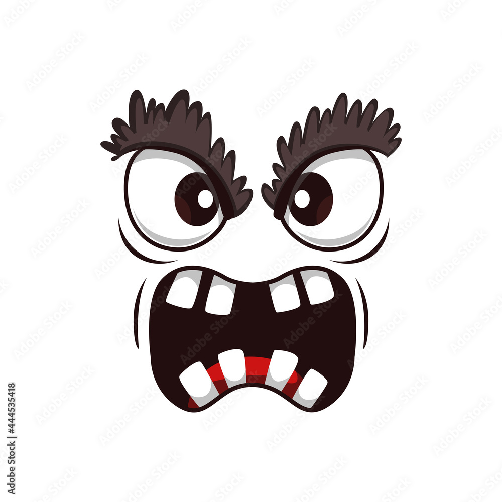 Monster face cartoon vector icon, yelling creepy creature, emotion with hairy eyelids, angry eyes and roar mouth with long sharp teeth. Ghost, alien spooky emoji isolated on white background Monster face cartoon vector icon, yelling creepy creature, emotion with hairy eyelids, angry eyes and roar mouth with long sharp teeth. Ghost, alien spooky emoji isolated on white background