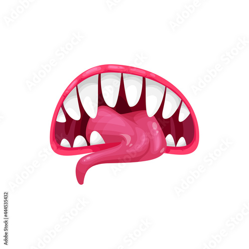 Monster mouth vector icon  creepy yelling beast jaws with sharp teeth with splashing saliva and long tongue. Angry creature roar maw isolated on white background