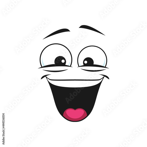 Satisfied emoji isolated emoticon in good mood. Vector glad smiley with open mouth, funny laughing head. Vector pleased positive facial emotion of joy and happiness. Satisfied emoji support center bot