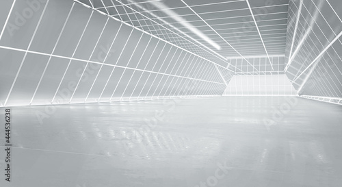 Illuminated corridor interior design. Abstract Futuristic tunnel with light and reflection background. 3D rendering.
