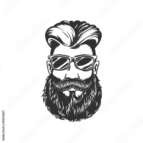 Hipster portrait, handsome male with stylish hairstyle, brutal guy portrait isolated monochrome icon. Vector businessman in eyeglasses, confident retro style man, gentleman with beard and moustaches