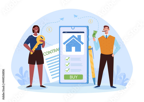 Real estate mobile application for seller and buyer. Female realtor holding key, male buyer is standing with money. Concept of smartphone mobile app for real estate. Flat cartoon vector illustration