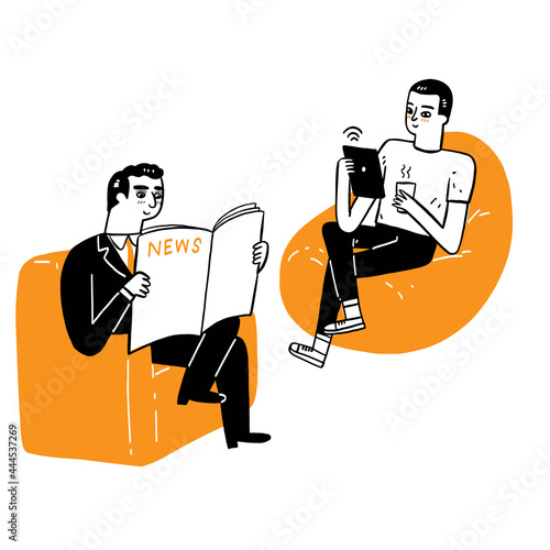 Communication business concept, elderly man reading newspaper news and young man sitting on sofa reading news through tablet.
