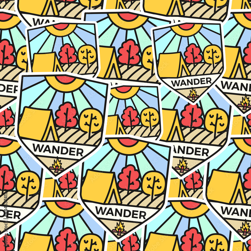 Camping adventure badges pattern. Wander hiking seamless background with tent, mountains, cabin life scene. Stock wallpaper