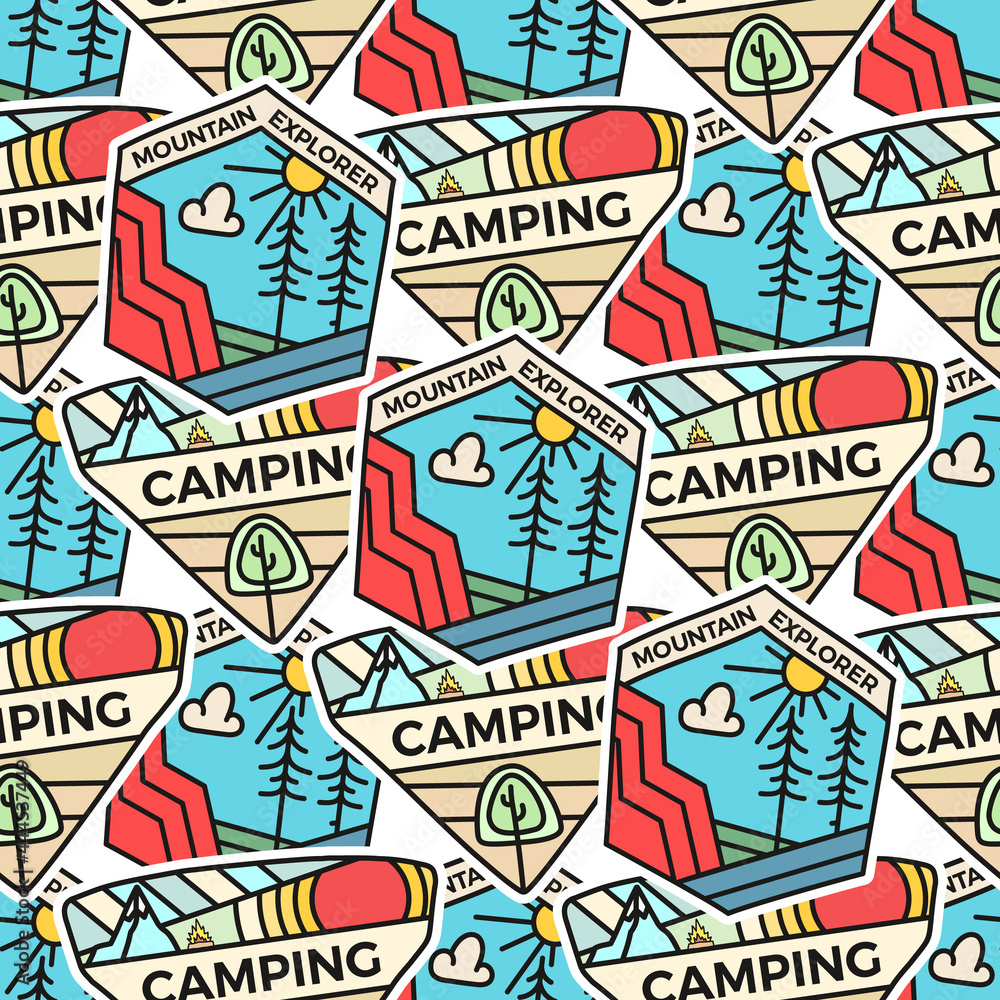 Camping adventure badges pattern. Mountain explorer seamless background with tent, mountains, cabin life scene. Stock wallpaper