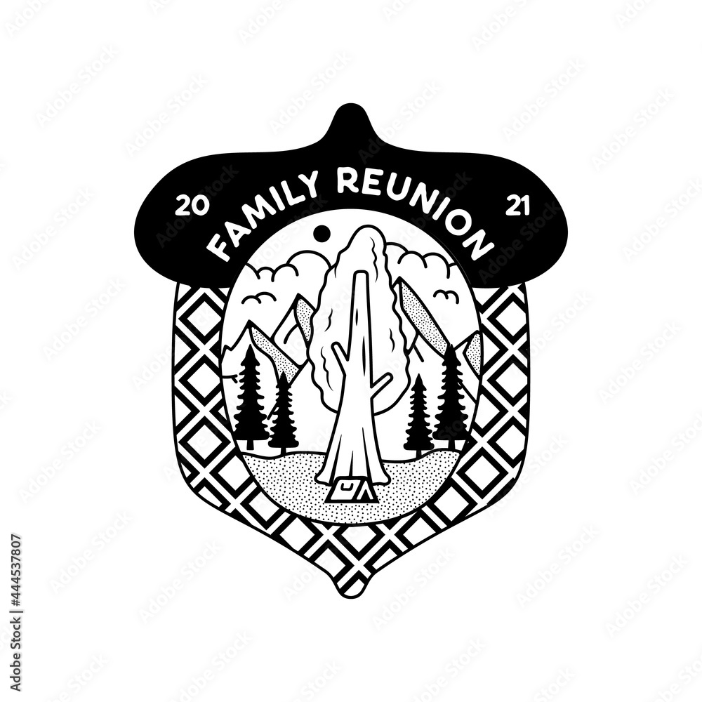 Camping adventure badge design. Outdoor crest logo with tree and mountains inside the acorn. Travel silhouette label isolated. Stock tattoo graphics emblem Camping adventure badge design. Outdoor crest logo with tree and mountains inside the acorn. Travel silhouette label isolated. Stock tattoo graphics emblem