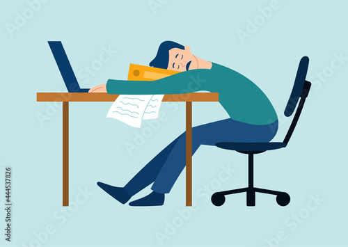 Exhausted male character is having professional burnout syndrome. Sick tired male manager in office sad boring sitting with head down on desk. Mental health problems. Flat cartoon vector illustration