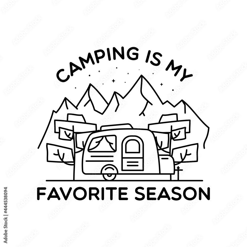Camping line art logo design. Vintage adventure linear badge design. Outdoor crest label with mountains and RV trailer. Travel silhouette emblem isolated. Stock isolated