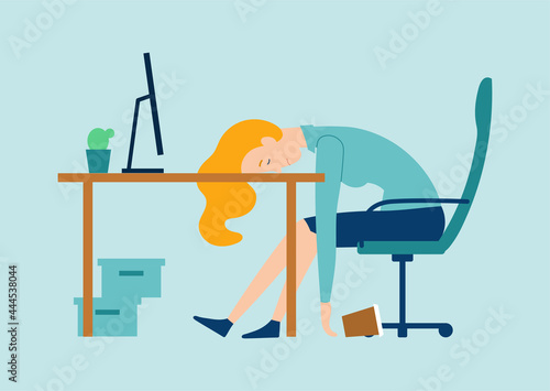 Exhausted female character is having burnout syndrome at work. Sick tired male manager in office sad boring sitting with head down on desk. Mental health problems. Flat cartoon vector illustration