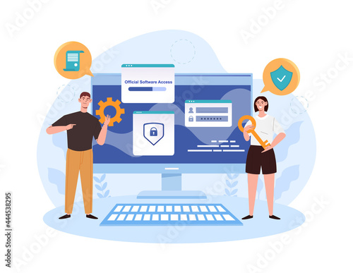 Young male and female characters are gaining official software access together. Woman holding digital security key. Screen with registration and authorization form. Flat cartoon vector illustration