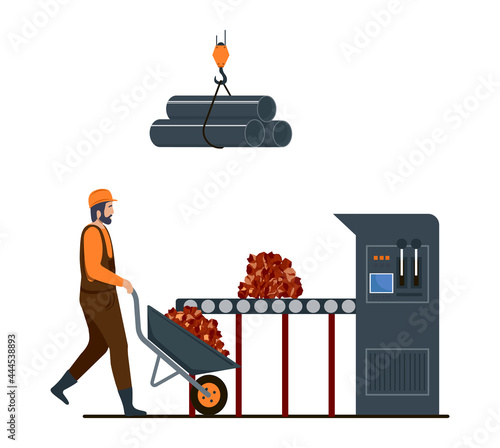 Male character is working in metallurgy industry. Concept of resource mining, smelting of metal in big foundry, hot steel pouring in steel plant. Metallurgy process. Flat cartoon vector illustration