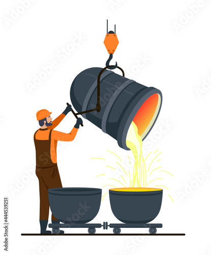 Male character is working in metallurgy industry. Concept of resource mining, smelting of metal in big foundry, hot steel pouring in steel plant. Metallurgy process. Flat cartoon vector illustration