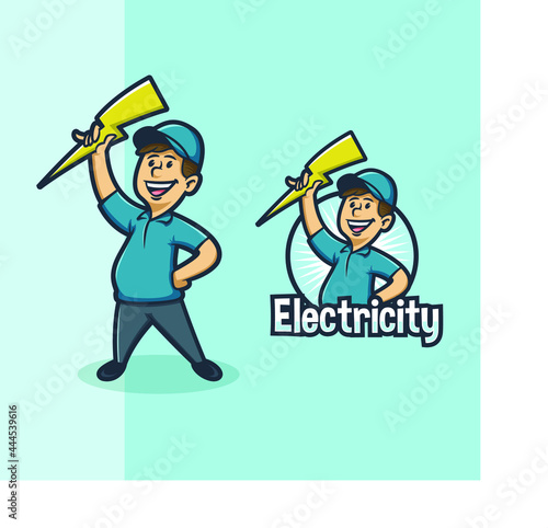Repairman holding a thunder for electricity mascot logo illustration