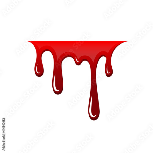 Blood drip 3d. Halloween bloodstain isolated white background. Splatter stain. Horror drop flow. Red scare ink. Blot texture. Colorful splash. Stream bleeding. Flowing liquid Vector illustration