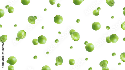 Green peas isolated on a white background. Flying green peas. Falling green peas.