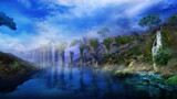 Fantastic landscape with river, aqueduct and waterfall, 3D render.