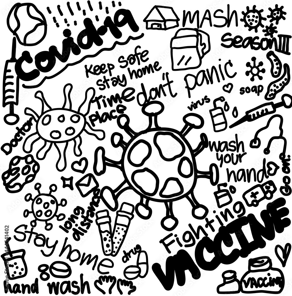 Set of Coronavirus Doodle freehand hand drawing of New epidemic 2019-nCoV icon set for infographic or websites Isolation. Vector illustration