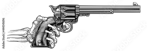 Skeleton Hand Western Cowboy Gun Pistol Woodcut