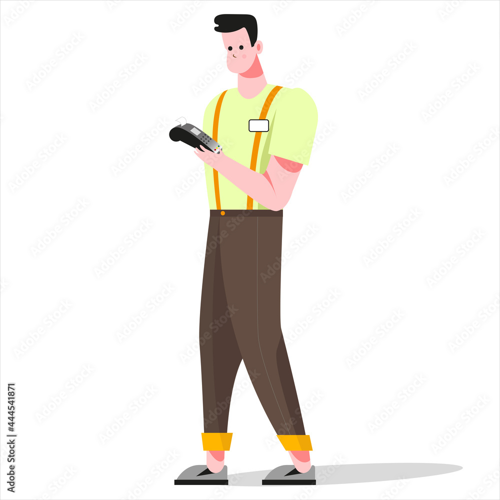 Salesman with cash register in hands in flat style Salesman with cash register in hands in flat style