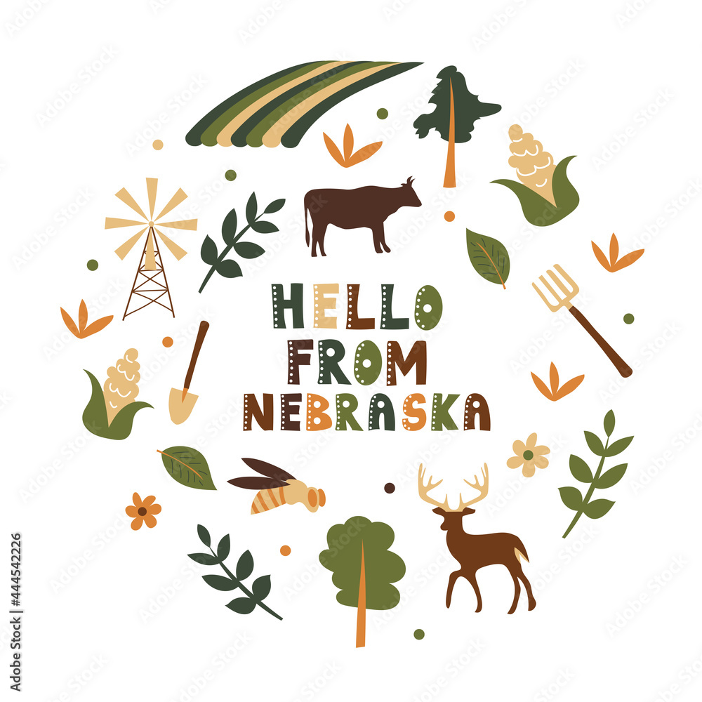 Illustrated map of the state of Nebraska in United States with state symbols. Editable vector illustration Illustrated map of the state of Nebraska in United States with state symbols. Editable vector illustration
