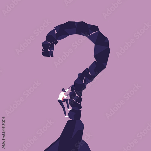 Finding solution and problem solving vector concept, Businessman tries to climb with difficulty on a mountain shaped as question mark