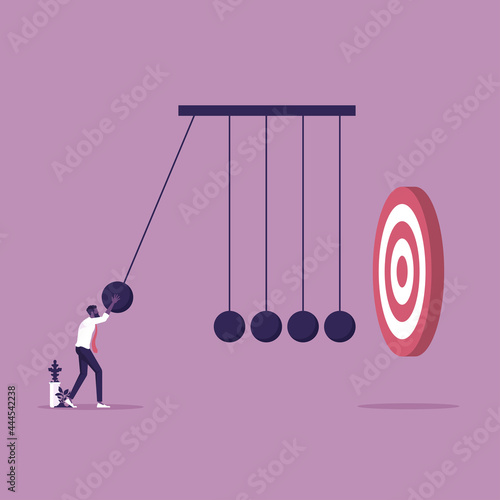 Make impact to success vector concept-Goal achievement, Businessman use newtons cradle make impact to hit target
