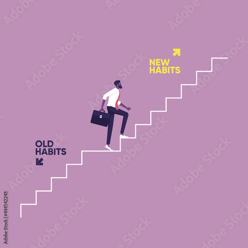 Old habits vs new habits-life change concept, Businessman walking up stair to new habits way, Old Habits and new habits choice, Choose a new direction, make a choice photo