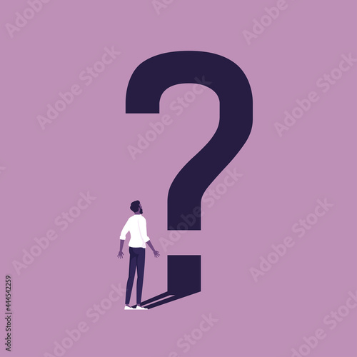 Question and slove problem, Conceptual illustration of businessman thinking about problem with question mark as his shadow