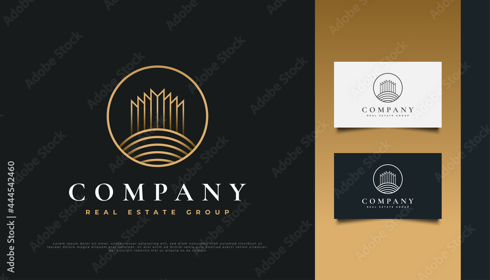 Luxury Gold Real Estate Logo Design with Line Style. Construction, Architecture or Building Logo Design
