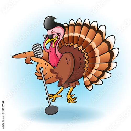 Singing cartoon turkey in sunglasses holding microphone. Vector illustration for thanksgiving day. Cartoon character for greeting card, poster, print