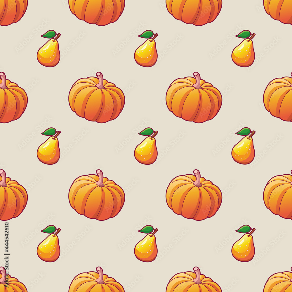 Vegetables and fruits. Seamless pattern for textile print. Harvest. Bright illustrations of ripe pumpkin and pear. Thanksgiving holiday wrapping paper Vegetables and fruits. Seamless pattern for textile print. Harvest. Bright illustrations of ripe pumpkin and pear. Thanksgiving holiday wrapping paper