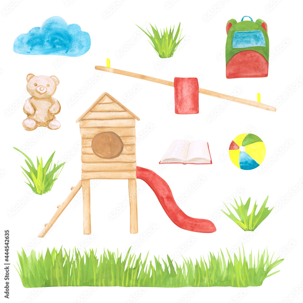 Watercolor set of 11 preschool clipart isolated on a white background. A  ladder, a rucksack, a grass, a ball, a backpack, a cloud, and open book  illustrations. Kindergarten objects. Stock Illustration