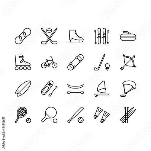 Sport Equipment flat line icons set. Sports Games Equipment and activities. Simple flat vector illustration for store, web site or mobile app