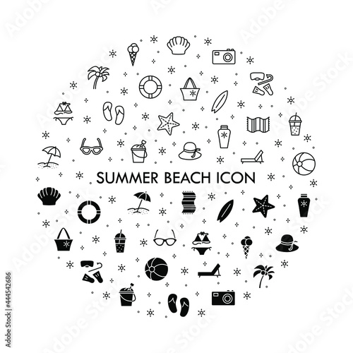 Summer beach flat line icons set. Beach, snorkeling, cocktail, sun lotion, palm tree, flip flop. Simple flat vector illustration for store, web site or mobile app