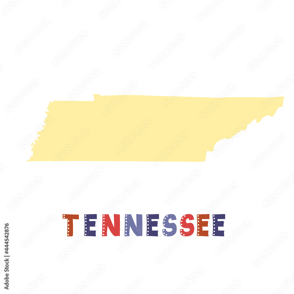 Tennessee map isolated. USA collection. Map of Tennessee - yellow silhouette. Doodling style lettering on white