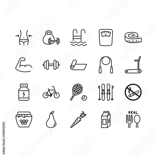 Healthy Lifestyle flat line icons set. Diet food, Fitness, sports supplements. Simple flat vector illustration for store, web site or mobile app