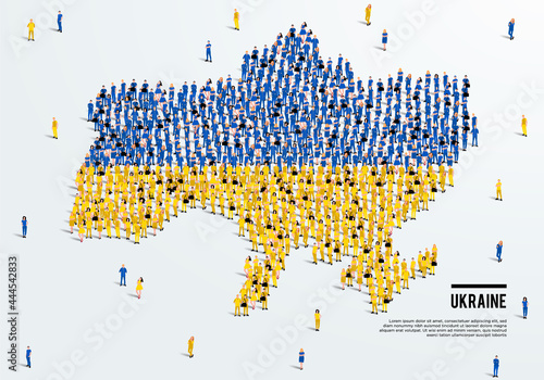 Ukraine Map and Flag. A large group of people in the Ukraine flag color form to create the map. Vector Illustration.