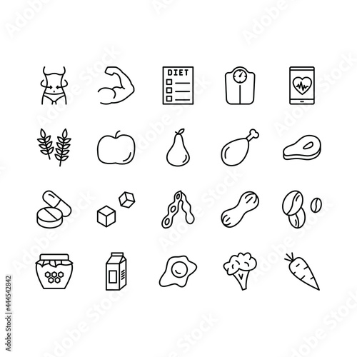 Healthy eating flat line icons set. Diet food - vegetables, fruits, cereals, dairy products. Simple flat vector illustration for store, web site or mobile app
