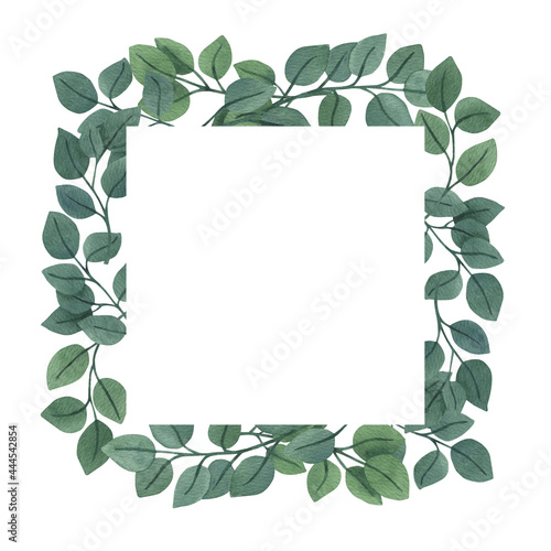 Round eucalyptus border clipart for wedding invitations, greenery decoration. Simple, modern, watercolor illustrations. Isolated on white background.
