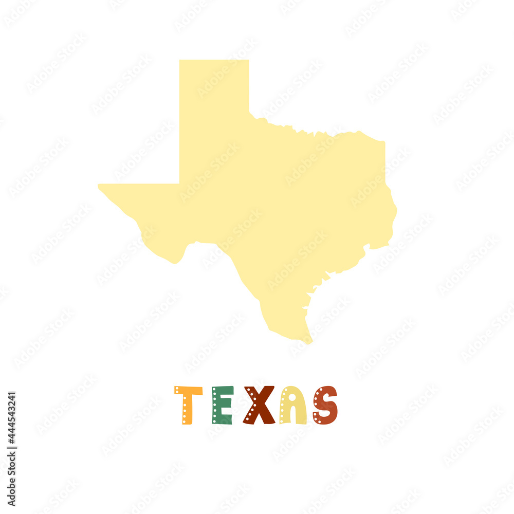 Texas map isolated. USA collection. Map of Texas - yellow silhouette. Doodling style lettering on white