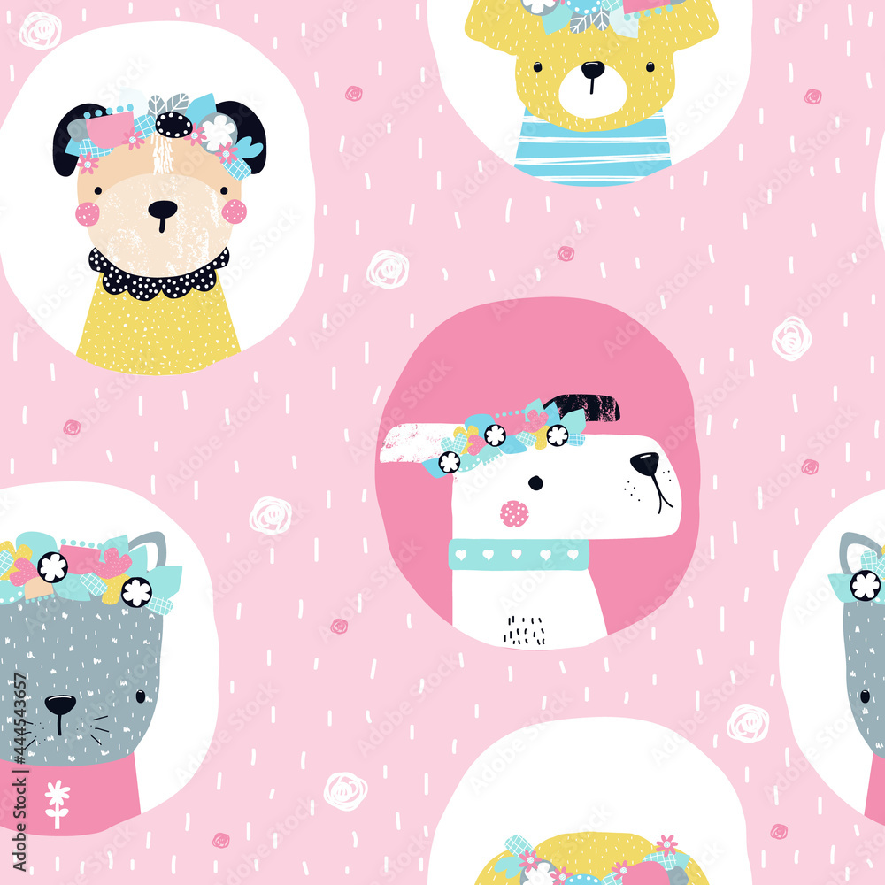 Seamless pattern with cute dogs. Girlish pink print. Vector hand drawn illustration. Seamless pattern with cute dogs. Girlish pink print. Vector hand drawn illustration.