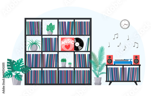 Vinyl collection on shelves and turntable playing vinyl record. Stacks of music records in sleeves. Interior with home plants and retro audio device with acoustic system. Analog music player. Vector