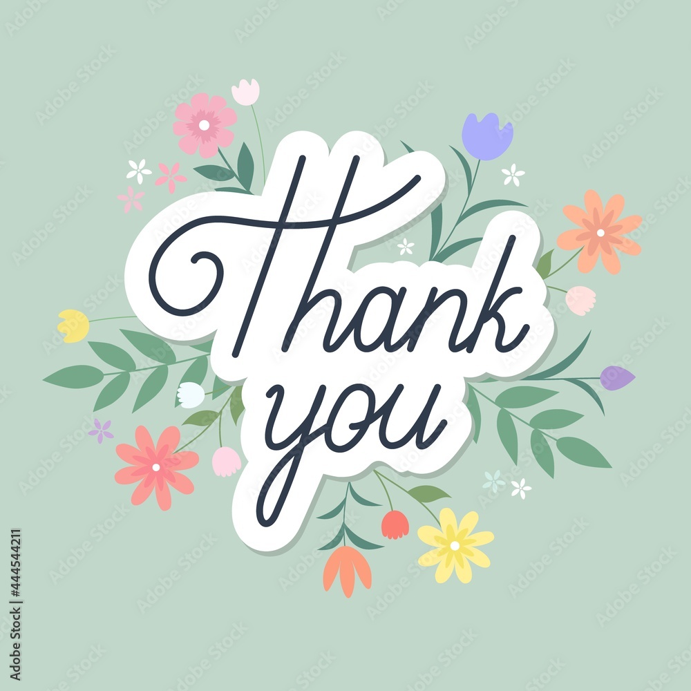 Obraz premium Thank you lettering text with flower background. Vector Illustration