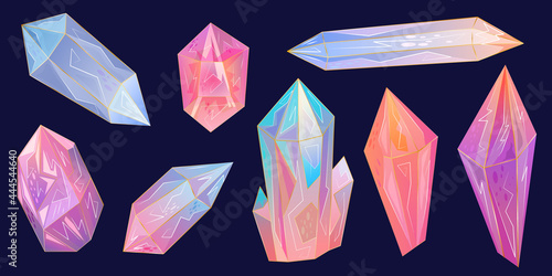 Set is beautiful gemstone, crystals are an excellent design for any purpose. Rainbow texture with golden lines. The vector design is isolated on dark background in a cartoon style. A jewel for games.
